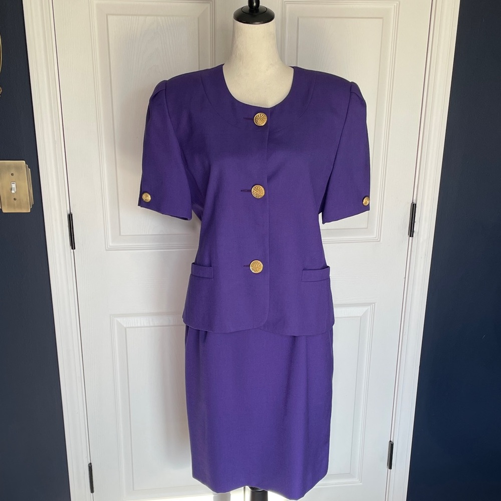 Vintage Oleg Cassini Purple Skirt Suit with Gold Accent Buttons Size Medium